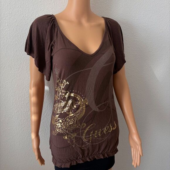 Vintage Guess Women's Top XS Dark Brown Bedazzled All Over Gold Foil Y2K 2000s - Picture 1 of 7